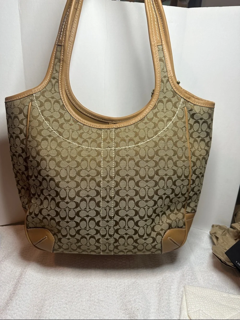 Rare Coach Ergo Khaki Signature mini C’s Canvas Hobo Tote with Caramel Leather - Picture 6 of 13